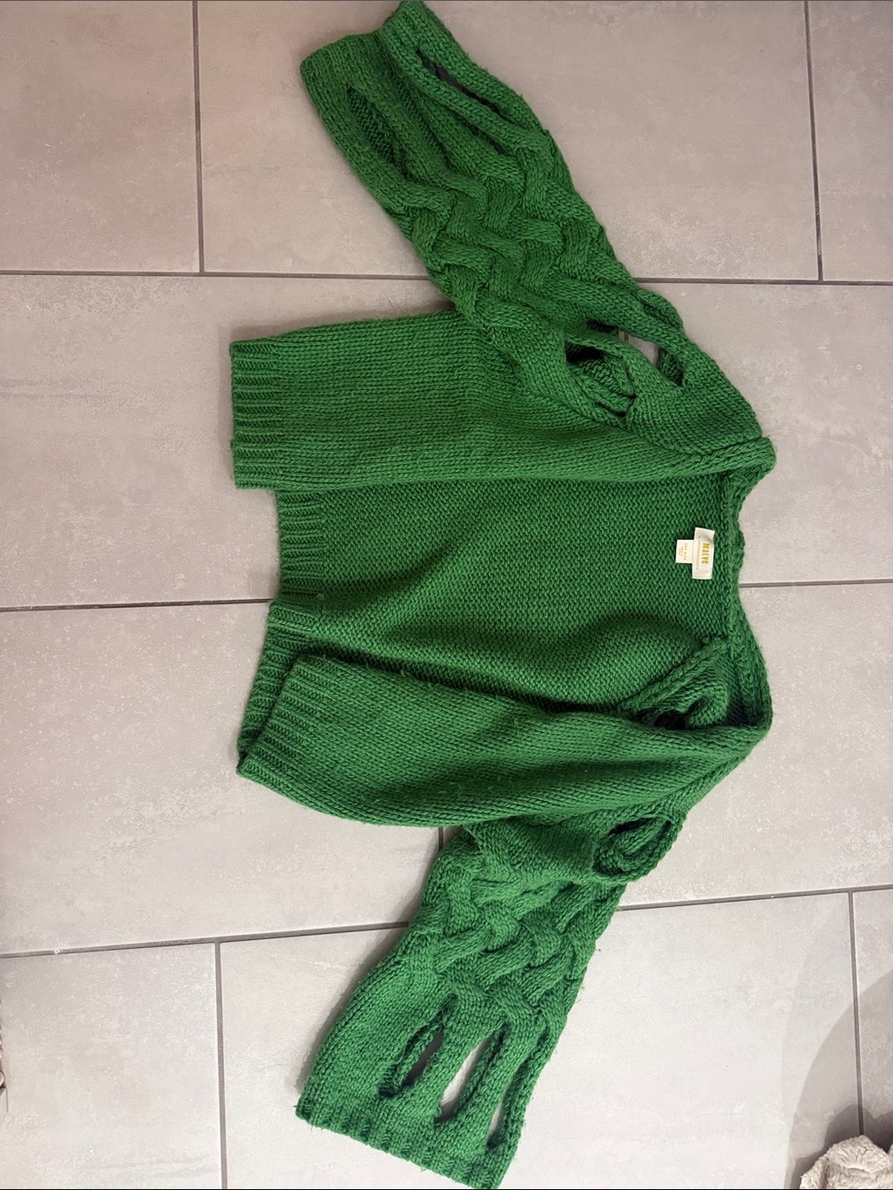 Maeve Kelly Green Cable-Sleeve Crewneck Sweater
